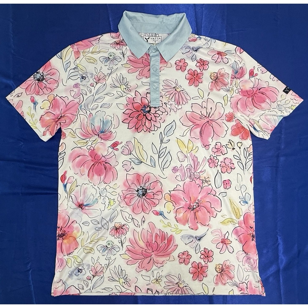 Yatta Golf Polo Men's Small Shirt Watercolor Floral Flowers Stretch UV Colorful